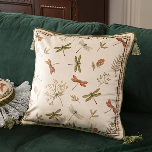 ISAENNE Design Square Vintage Cottage Throw Pillow Covers 18x18 Set of 2 Green Velvet Cushion Cover with Dragonflies and Flowers Pattern Decor Pillowcases for BedLiving RoomOutdoorCar - Image 3