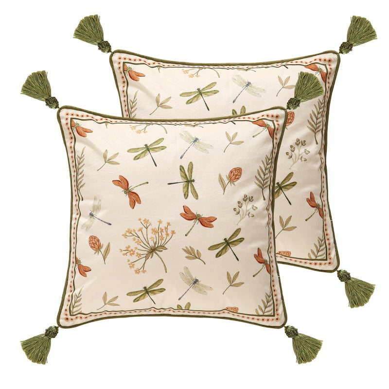 ISAENNE Design Square Vintage Cottage Throw Pillow Covers 18x18 Set of 2 Green Velvet Cushion Cover with Dragonflies and Flowers Pattern Decor Pillowcases for BedLiving RoomOutdoorCar - Image 2