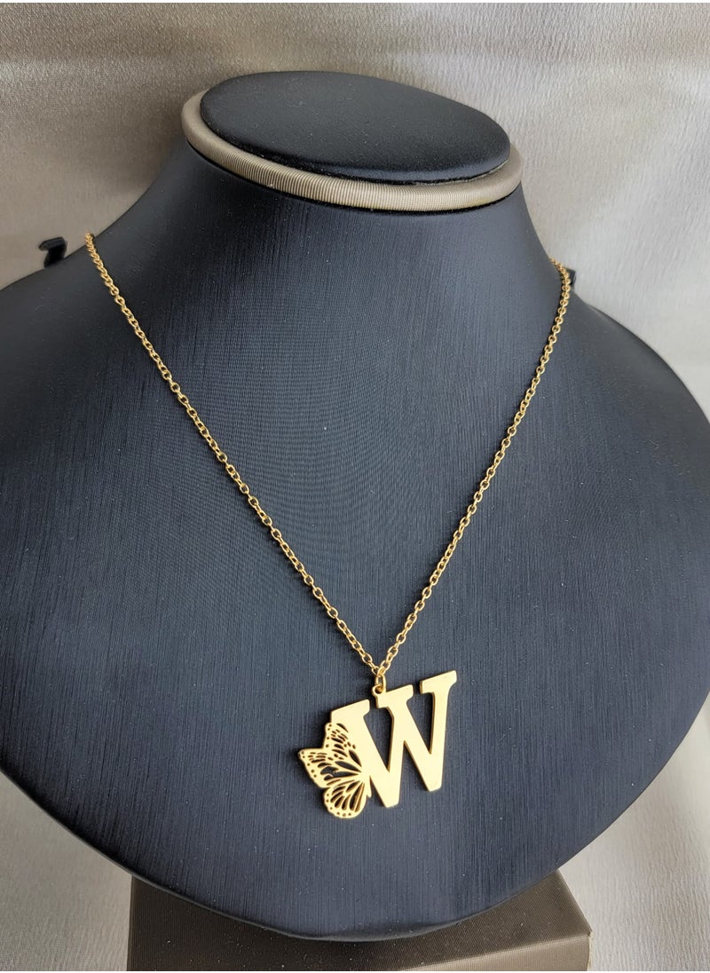 Generic Gold Butterfly Letter W Necklace for Women 21K Gold Plated Butterfly Wing Pendant Necklace Butterfly Alphabet Charm Name Initial Necklace Adjustable Trendy Birthday Jewelry Gift for Women  - Image 1