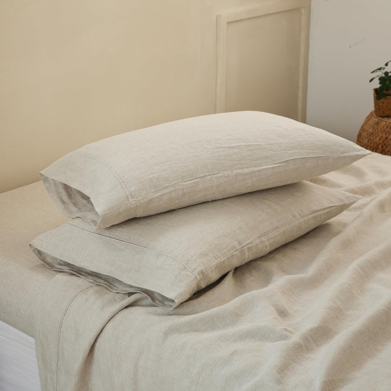 King Linens 100% French Linen Pillowcases with Embroidery - Pack of 2 - Washed Solid Color Natural Flax Soft Breathable - Linen  20'' x 40'' - Image 1