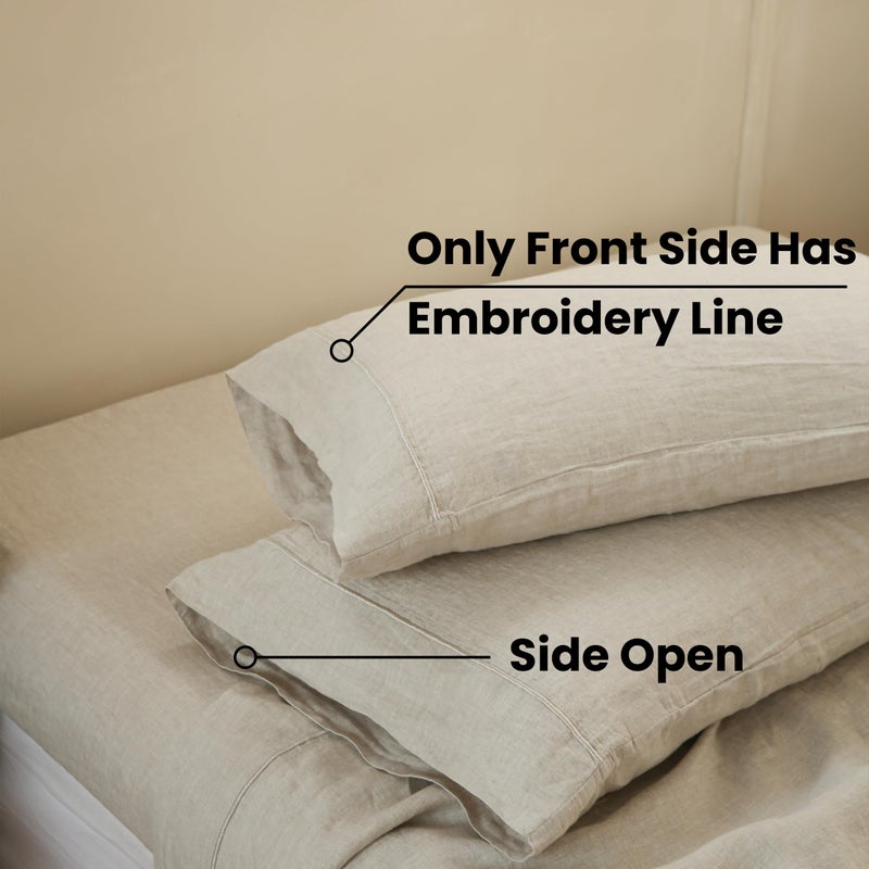 King Linens 100% French Linen Pillowcases with Embroidery - Pack of 2 - Washed Solid Color Natural Flax Soft Breathable - Linen  20'' x 40'' - Image 2