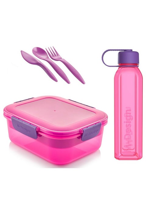 طقم لانش بوكس 2.1 + زجاجة 800 مل + طقم طعام 3 ق - روز