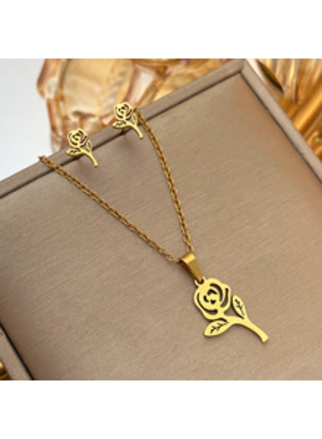 جلوسكي Stainless Steel Rose Jewelry Set – 3PCS Geometric Stud Earrings  Pendant Necklace, Minimalist Daily Wear for Women - Image 3