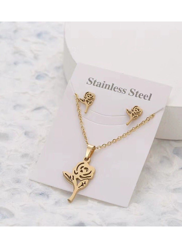 جلوسكي Stainless Steel Rose Jewelry Set – 3PCS Geometric Stud Earrings  Pendant Necklace, Minimalist Daily Wear for Women - Image 2