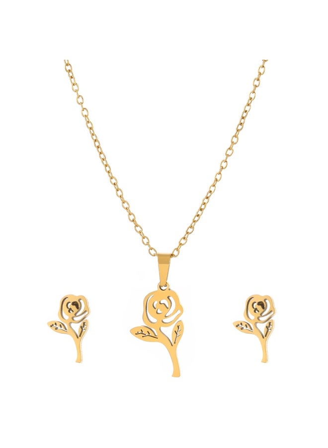 جلوسكي Stainless Steel Rose Jewelry Set – 3PCS Geometric Stud Earrings  Pendant Necklace, Minimalist Daily Wear for Women - Image 1