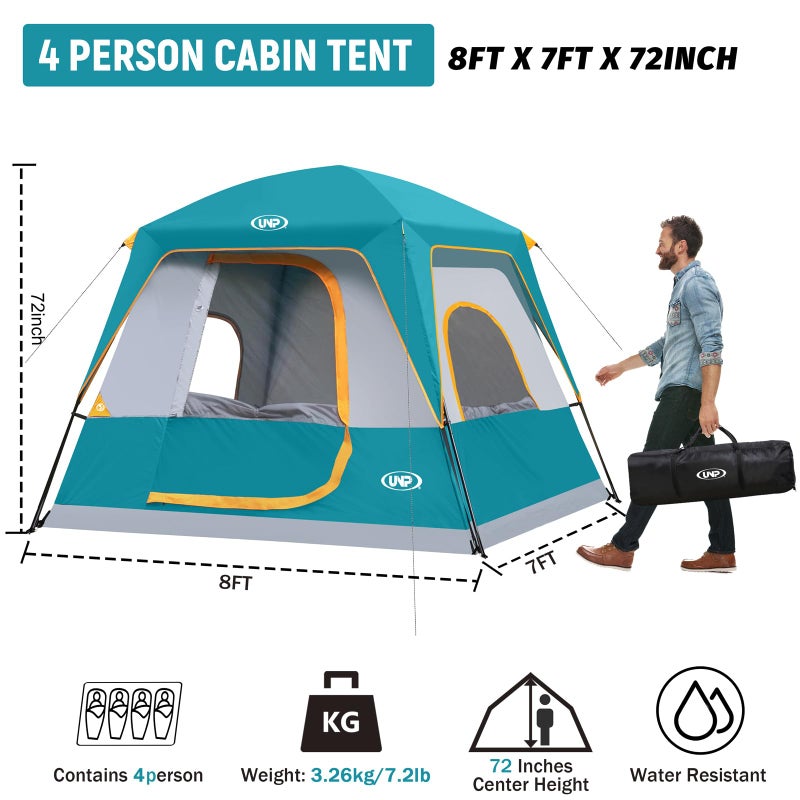 UNP 4-Person Tent, Portable Cabin Tent, Camping Tent 4-Person Easy Set Up, Waterproof with Top Rainfly for Outdoor Camping/Hiking (Ocean Blue) - Image 2