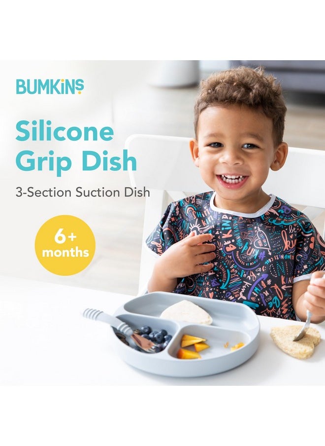 BUMKiNs - Toddler And Baby Suction Plate, Divided Grip Dish For Babies And Kids, Baby Led Weaning, Feeding Supplies, Sticks To Tables And Highchairs, Platinum Silicone, For Chidren 6 Months, Gray - Image 1