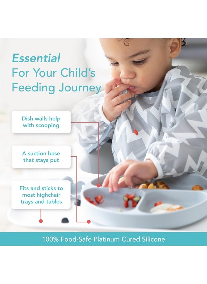 BUMKiNs - Toddler And Baby Suction Plate, Divided Grip Dish For Babies And Kids, Baby Led Weaning, Feeding Supplies, Sticks To Tables And Highchairs, Platinum Silicone, For Chidren 6 Months, Gray - Image 1