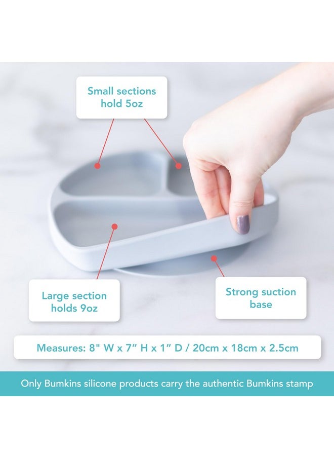 BUMKiNs - Toddler And Baby Suction Plate, Divided Grip Dish For Babies And Kids, Baby Led Weaning, Feeding Supplies, Sticks To Tables And Highchairs, Platinum Silicone, For Chidren 6 Months, Gray - Image 1