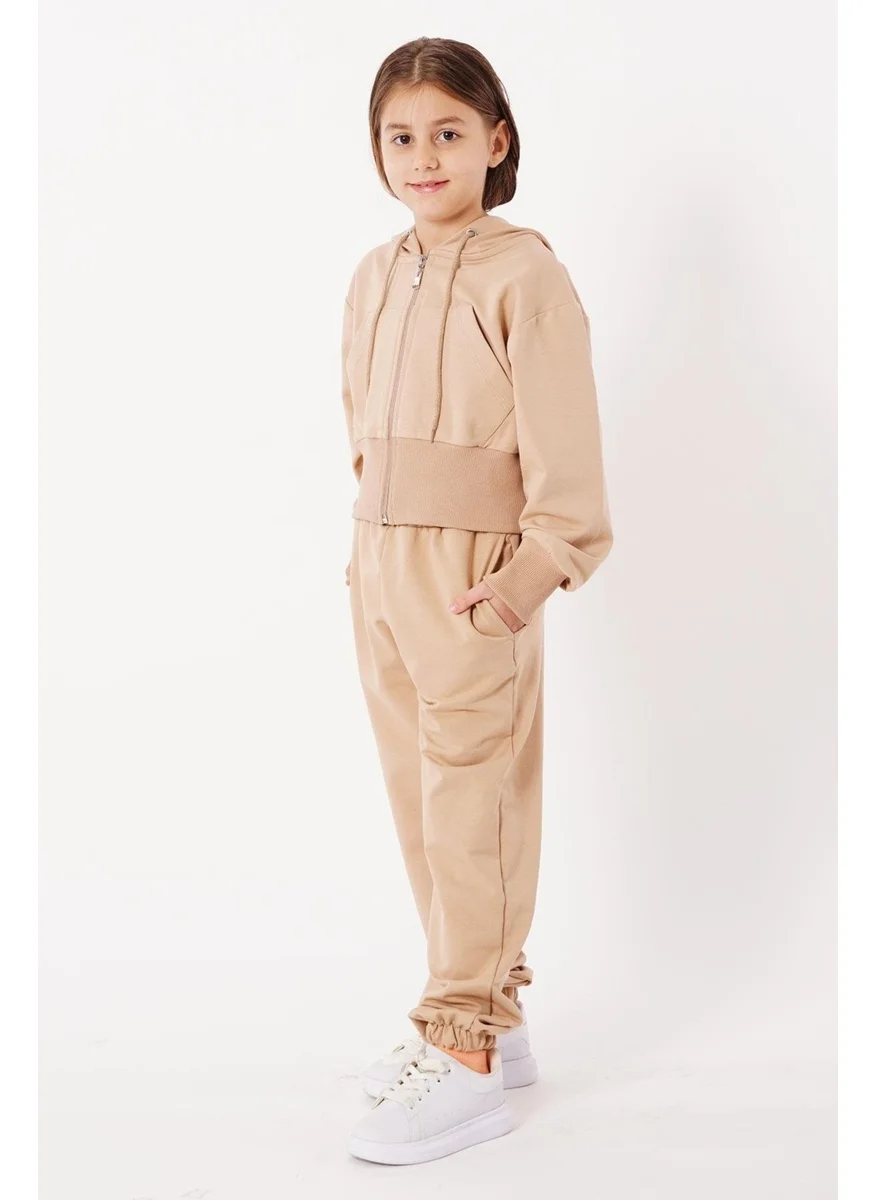 Zepkids Kangaroo Pocket Front Zippered Mink Color Girls Tracksuit