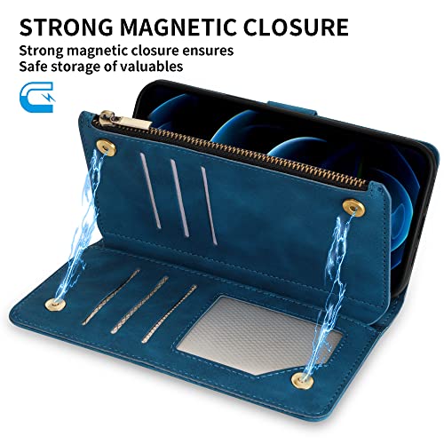 ZZXX for iPhone 12 Pro Max Wallet Case with Card Slot Premium Soft PU Leather Zipper Flip Folio Wallet with Wrist Strap Kickstand Protective for iPhone 12 Pro Max Case Wallet(Blue 6.7 inch) - Image 5