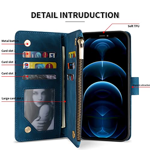ZZXX for iPhone 12 Pro Max Wallet Case with Card Slot Premium Soft PU Leather Zipper Flip Folio Wallet with Wrist Strap Kickstand Protective for iPhone 12 Pro Max Case Wallet(Blue 6.7 inch) - Image 4