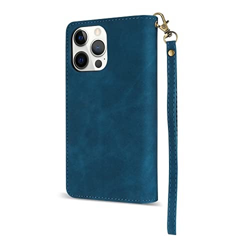 ZZXX for iPhone 12 Pro Max Wallet Case with Card Slot Premium Soft PU Leather Zipper Flip Folio Wallet with Wrist Strap Kickstand Protective for iPhone 12 Pro Max Case Wallet(Blue 6.7 inch) - Image 3