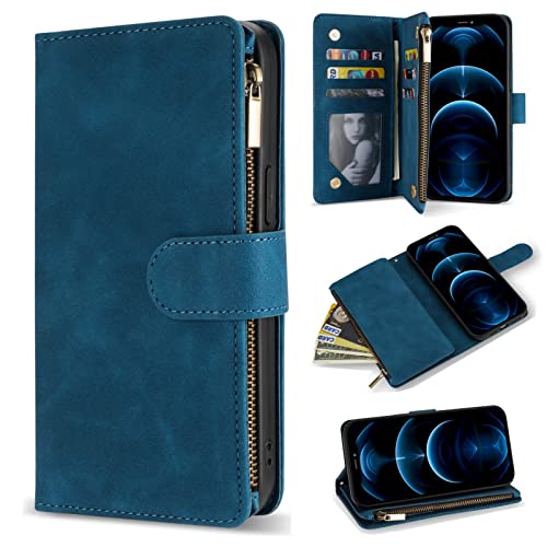 ZZXX for iPhone 12 Pro Max Wallet Case with Card Slot Premium Soft PU Leather Zipper Flip Folio Wallet with Wrist Strap Kickstand Protective for iPhone 12 Pro Max Case Wallet(Blue 6.7 inch) - Image 1