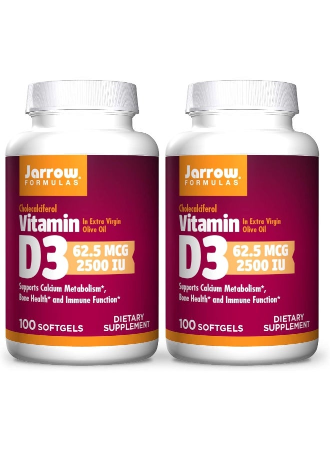 Jarrow Formulas Vitamin D3 2500 IU - 100 Softgels, Pack of 2 - Bone Health, Immune Function & Calcium Metabolism Support - 200 Total Servings - Image 1