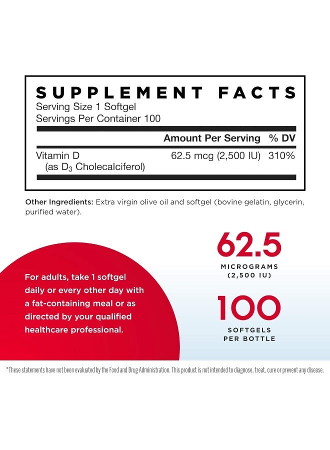 Jarrow Formulas Vitamin D3 2500 IU - 100 Softgels, Pack of 2 - Bone Health, Immune Function & Calcium Metabolism Support - 200 Total Servings - Image 2
