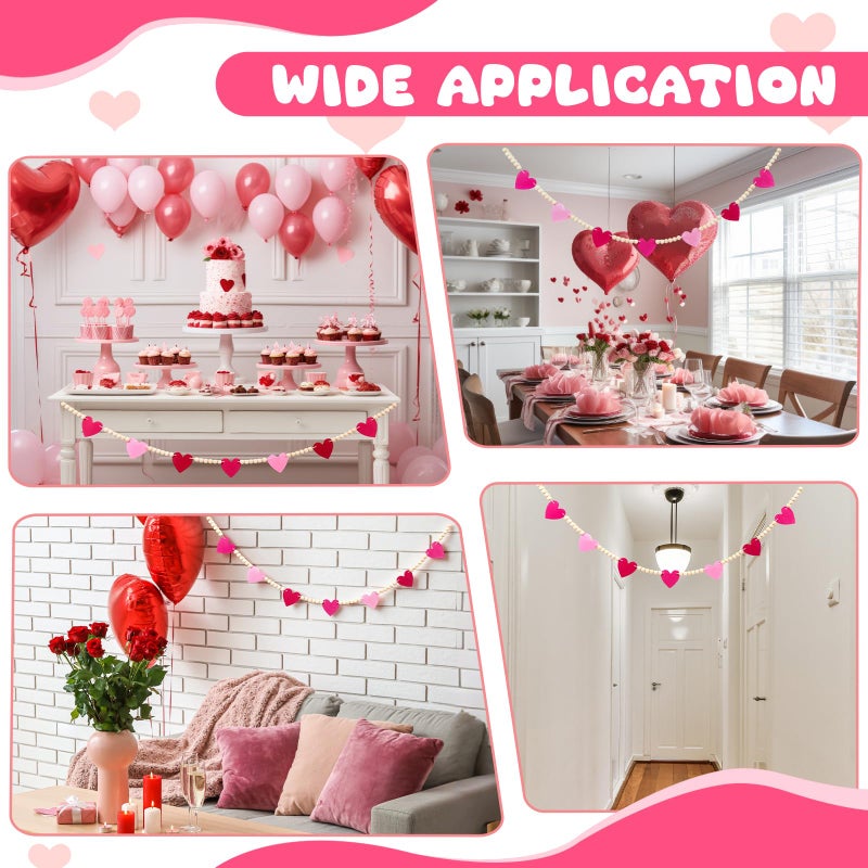 Landical Pre Strung Felt Heart Garland Banner Galentine's Day Pink Felt Heart Wood Bead Decorations Valentines Anniversary Wedding Birthday Party for Women Friend Bestie Party Favors - Image 5