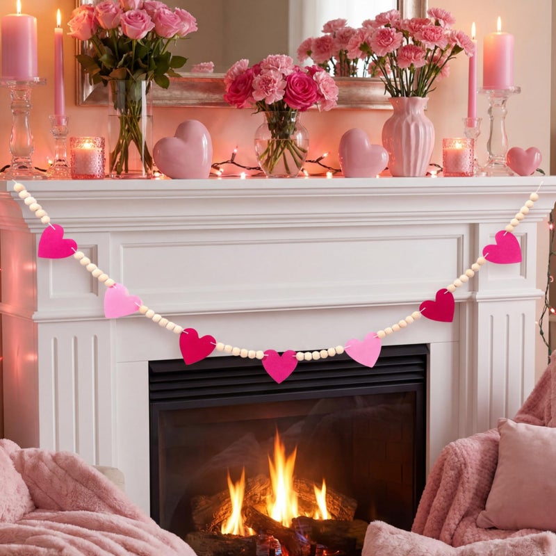 Landical Pre Strung Felt Heart Garland Banner Galentine's Day Pink Felt Heart Wood Bead Decorations Valentines Anniversary Wedding Birthday Party for Women Friend Bestie Party Favors - Image 1