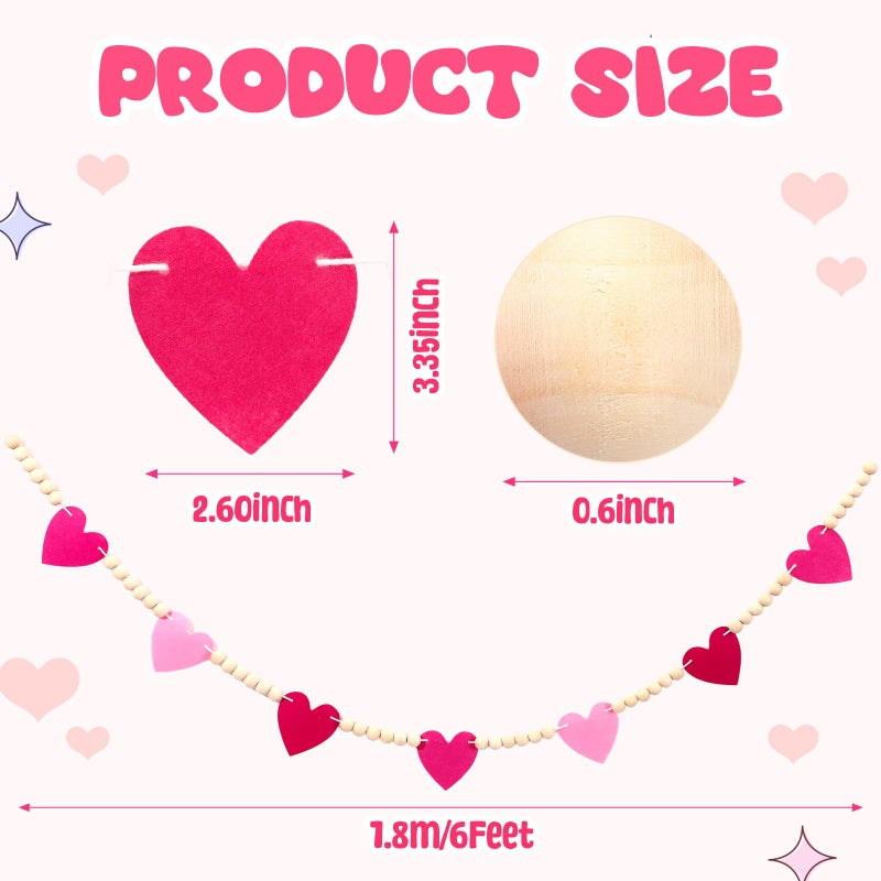 Landical Pre Strung Felt Heart Garland Banner Galentine's Day Pink Felt Heart Wood Bead Decorations Valentines Anniversary Wedding Birthday Party for Women Friend Bestie Party Favors - Image 3