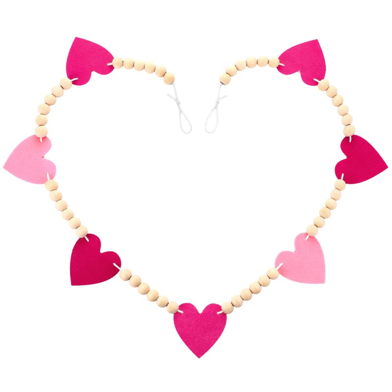Landical Pre Strung Felt Heart Garland Banner Galentine's Day Pink Felt Heart Wood Bead Decorations Valentines Anniversary Wedding Birthday Party for Women Friend Bestie Party Favors - Image 2
