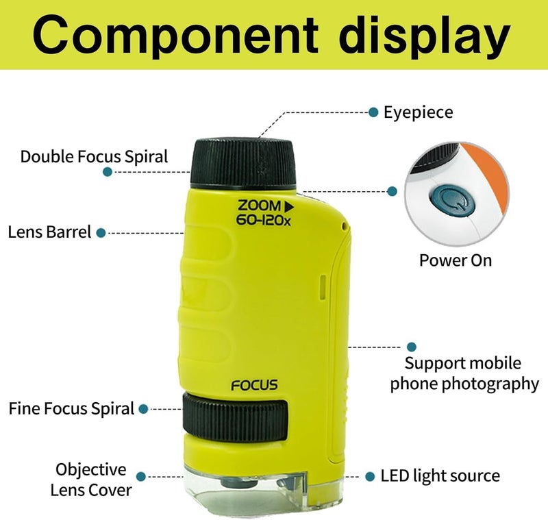Tobo Kids Science Microscope Toy 60-120x Portable for Kids Boys Girls School Yellow with Specimen|Toys & Hobbies | Educational | Science & Nature | Microscopes & Chemistry (TD-1460IM) - Image 2
