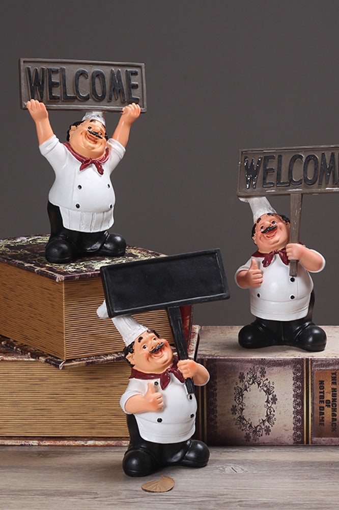 Home Restaurant Cartoon Chef Cute Figurines Kitchen Decor With Welcome Sign Board Creative Sculpture Modern Desktop Statue Ornament for Kitchen Cook Bar Coffee Restaurant Decor - Image 3