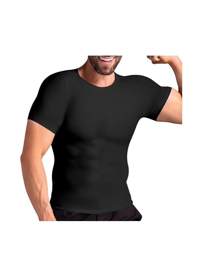 Jolly Chic Men's Body Shaping Compression Shirt|Abdomen Control Shapewear|Abdomen Control Sweatshirt|Corrective Posture Short Sleeve|Plain Slimming Undershirt Black  - Image 2