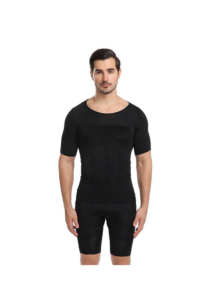 Jolly Chic Men's Body Shaping Compression Shirt|Abdomen Control Shapewear|Abdomen Control Sweatshirt|Corrective Posture Short Sleeve|Plain Slimming Undershirt Black  - Image 5