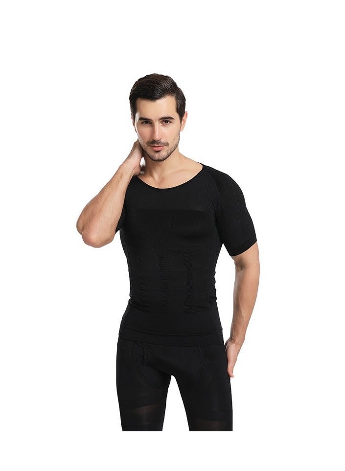 Jolly Chic Men's Body Shaping Compression Shirt|Abdomen Control Shapewear|Abdomen Control Sweatshirt|Corrective Posture Short Sleeve|Plain Slimming Undershirt Black  - Image 4