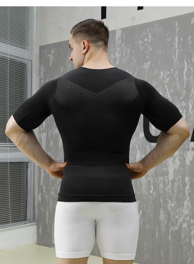 Jolly Chic Men's Body Shaping Compression Shirt|Abdomen Control Shapewear|Abdomen Control Sweatshirt|Corrective Posture Short Sleeve|Plain Slimming Undershirt Black  - Image 3