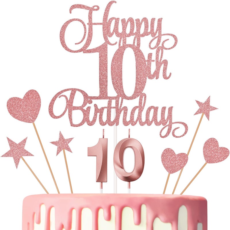 Lecferrarc 10th Birthday Cake Decorations, 10th Birthday Candles Cake Numeral Candles and Glitter Happy 10th Birthday Cake Toppers Set for Birthday Party Supplies (Rose Gold) - Image 1