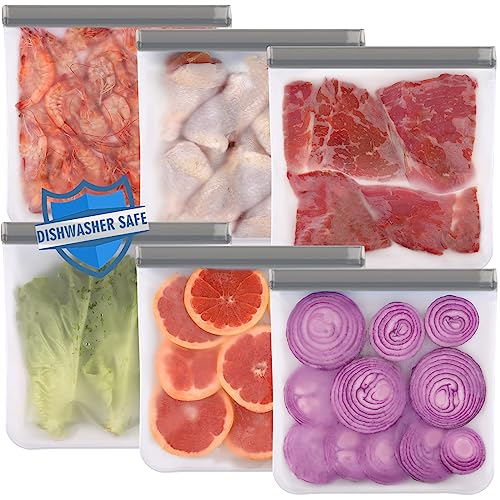 Lerine 6 Pack Reusable Gallon Freezer Bags Dishwasher Safe, BPA Free Reusable 1 Gallon Bags, Leakproof Food Storage Bags for Marinate Meats, Cereal, Vegetables, Home Organization(Grey) - Image 1