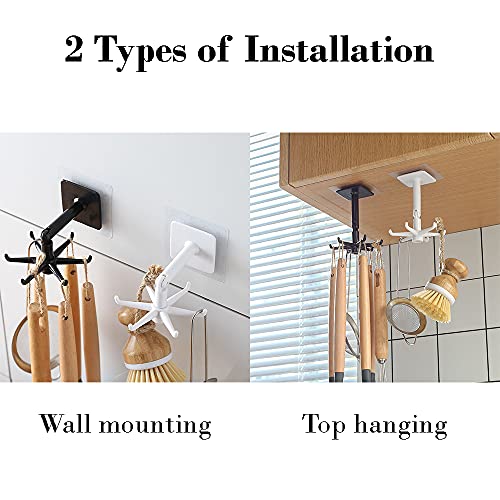 365Home Hanging Utensil Holder Hooks Kitchen Utensil Hanger Wall Mount 360 Degrees Rotating Folding Hook Self Adhesive Hook Utensil Rack with 6 Hooks for Kitchen Bathroom (1 Black & 1 White) - Image 2