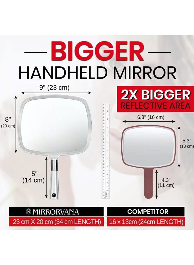Mirrorvana Large & Comfy Hand Held Mirror with Handle - Big Handheld Mirror for Barber Shops, Hairdressing, Dental Offices, Home Self Hair Cutting and Make Up Application, Premium Silver - Image 2