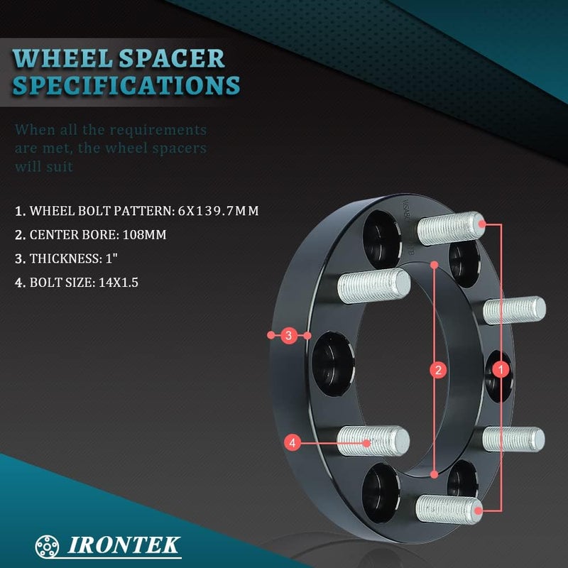 IRONTEK فواصل العجلات IRONTEK 1 بوصة 6x139.7 مم (108 مم فتحة المحور، 14x1.5 مسامير) - 4 قطع - Image 3