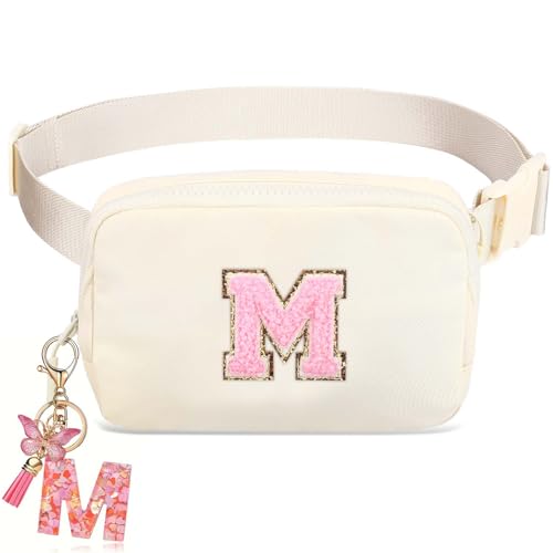 Kejea Fanny Pack for Kids Girls 10-12 - Small Waist Belt Bag with Initial Letter Patch and Extender Strap for Women Teen Girl Friends Mini Bum Hip Travel Purse Crossbody Belt Bag M, Beige - Image 1