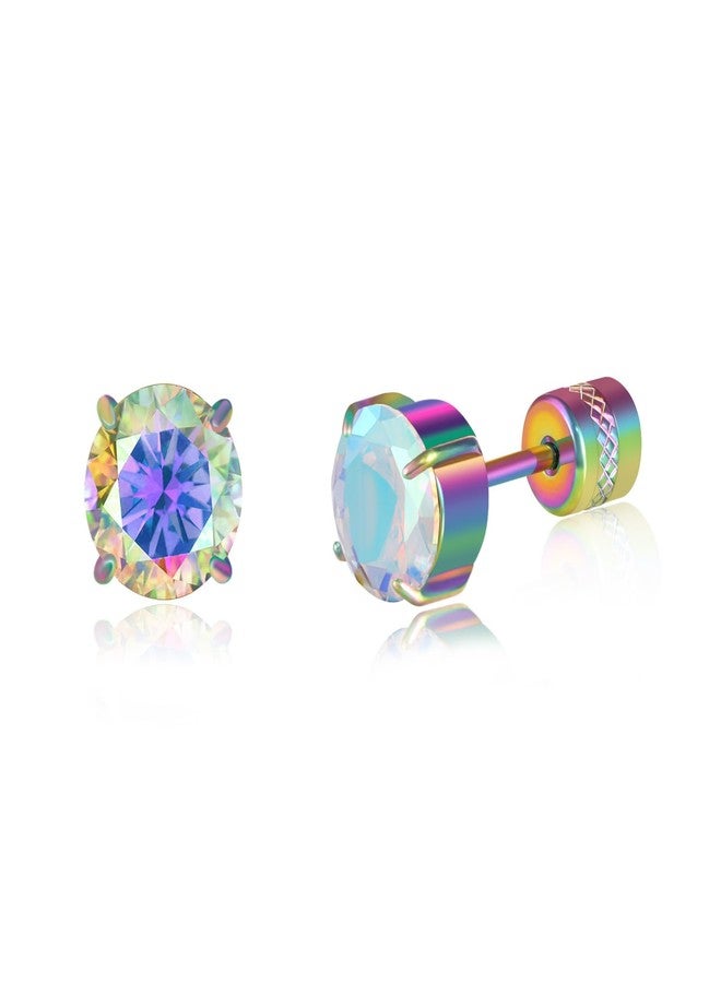 Hopply Hypoallergenic G23 Implant Grade Pure Titanium Screw Back Earrings, 20G Flatback 5A Cubic Zirconia Earrings Double Side Studs, Suitable for Women Men Sensitive Ears Piercing Sleeper Jewelry (Rainbow CZ-6MM) - Image 1