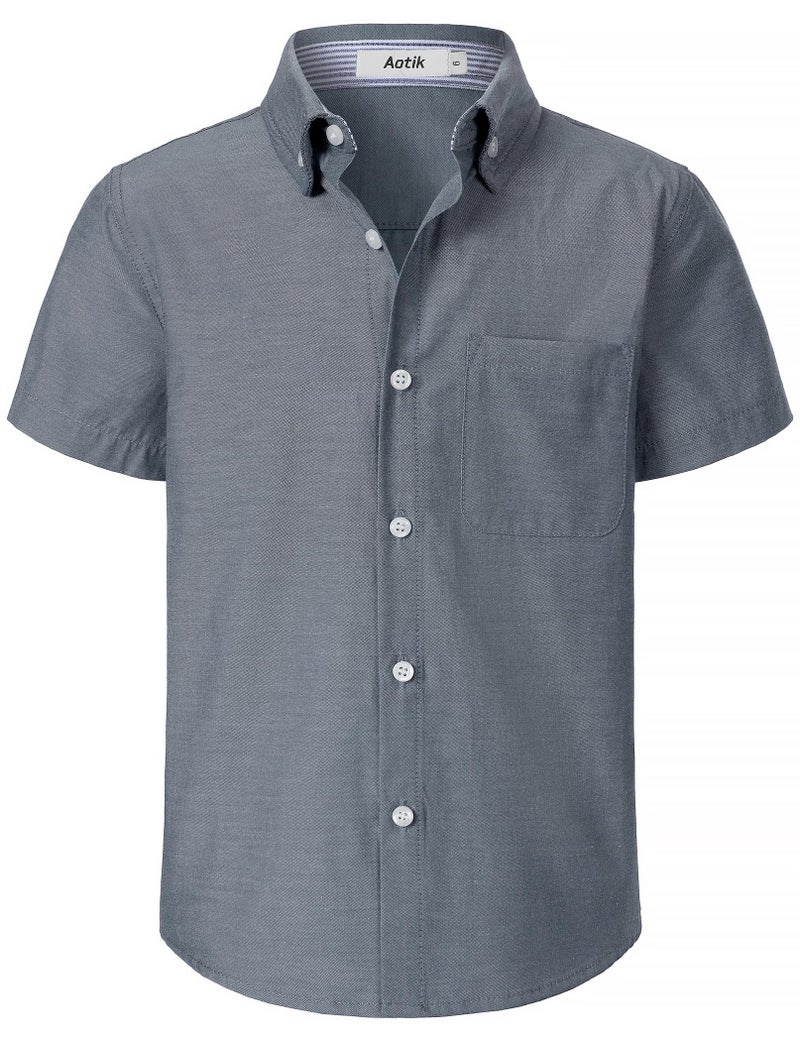 AOTIK Boys Oxford Button Down Shirt Short Sleeve Formal Uniform Dress Shirts with Pocket 12 Dark Gray - Image 1