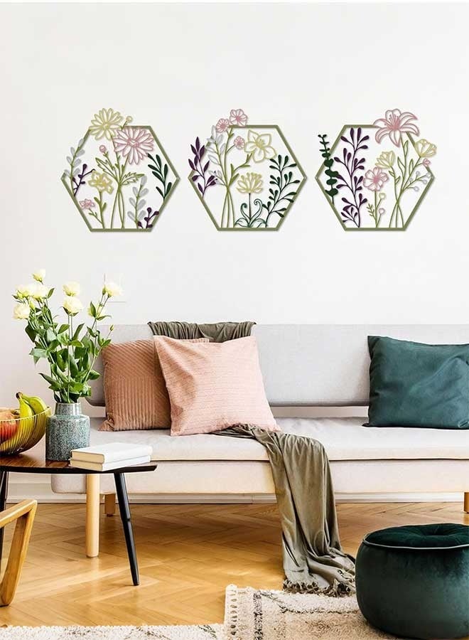 RAWAID 3 Pack Metal Flower Wall Decor, Minimalist Floral Hanging Art, Colorful Rustic Design for Living Room Bathroom Kitchen Indoor Outdoor Christmas - Image 1