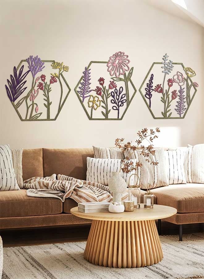 RAWAID 3 Pack Metal Flower Wall Decor, Minimalist Floral Hanging Art, Colorful Rustic Design for Living Room Bathroom Kitchen Indoor Outdoor Christmas - Image 3