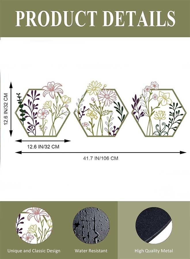 RAWAID 3 Pack Metal Flower Wall Decor, Minimalist Floral Hanging Art, Colorful Rustic Design for Living Room Bathroom Kitchen Indoor Outdoor Christmas - Image 2