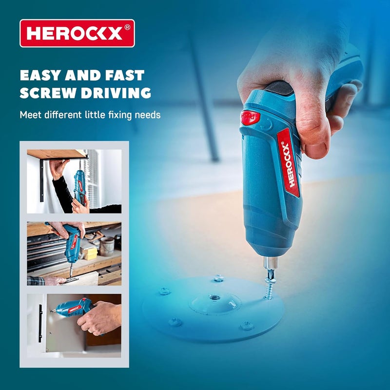 هيروكس مجموعة مفكات براغي كهربائية، 47 في 1 قابلة لإعادة الشحن عبر USB بقوة 1300 مللي أمبير في الساعة، مقبض قابل للدوران، مجموعة رؤوس مفكات براغي مثقاب 3.6 فولت مع مصباح ليد مدمج، أزرق - Image 4