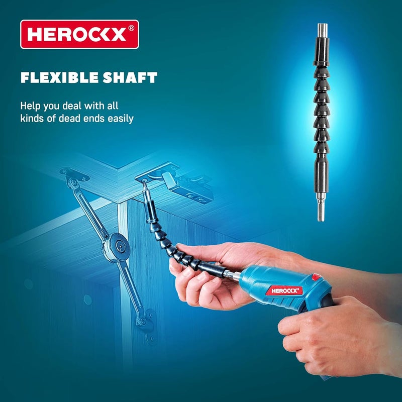هيروكس مجموعة مفكات براغي كهربائية، 47 في 1 قابلة لإعادة الشحن عبر USB بقوة 1300 مللي أمبير في الساعة، مقبض قابل للدوران، مجموعة رؤوس مفكات براغي مثقاب 3.6 فولت مع مصباح ليد مدمج، أزرق - Image 5