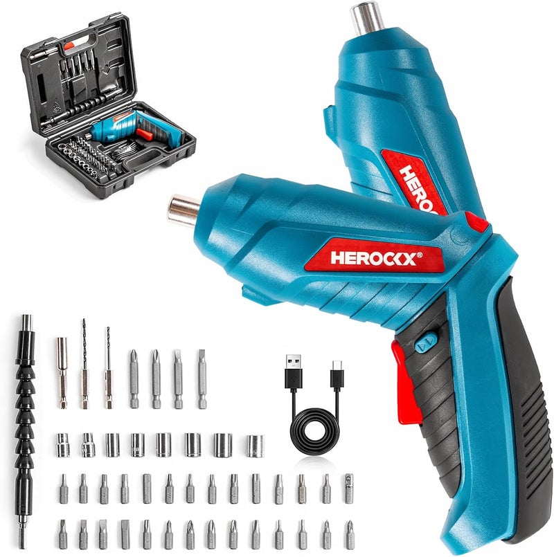 هيروكس مجموعة مفكات براغي كهربائية، 47 في 1 قابلة لإعادة الشحن عبر USB بقوة 1300 مللي أمبير في الساعة، مقبض قابل للدوران، مجموعة رؤوس مفكات براغي مثقاب 3.6 فولت مع مصباح ليد مدمج، أزرق - Image 1