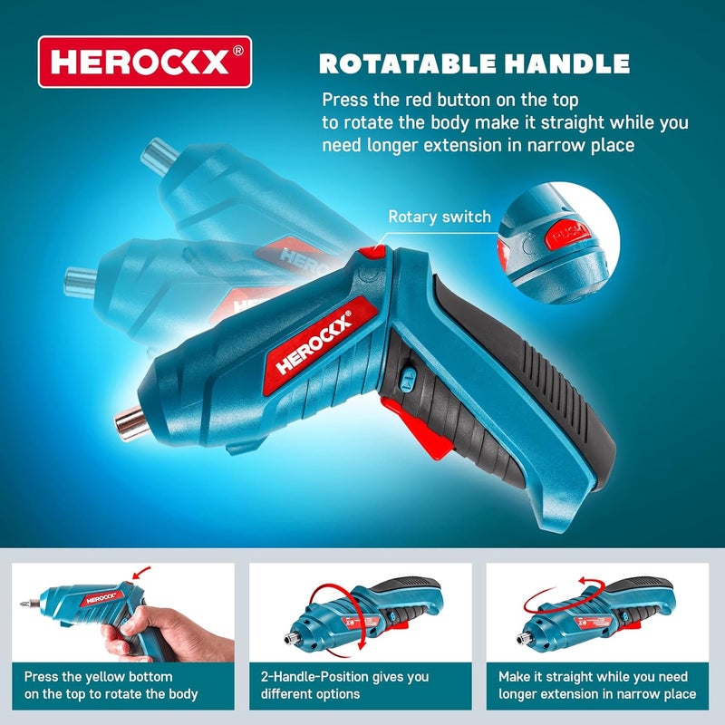 هيروكس مجموعة مفكات براغي كهربائية، 47 في 1 قابلة لإعادة الشحن عبر USB بقوة 1300 مللي أمبير في الساعة، مقبض قابل للدوران، مجموعة رؤوس مفكات براغي مثقاب 3.6 فولت مع مصباح ليد مدمج، أزرق - Image 3