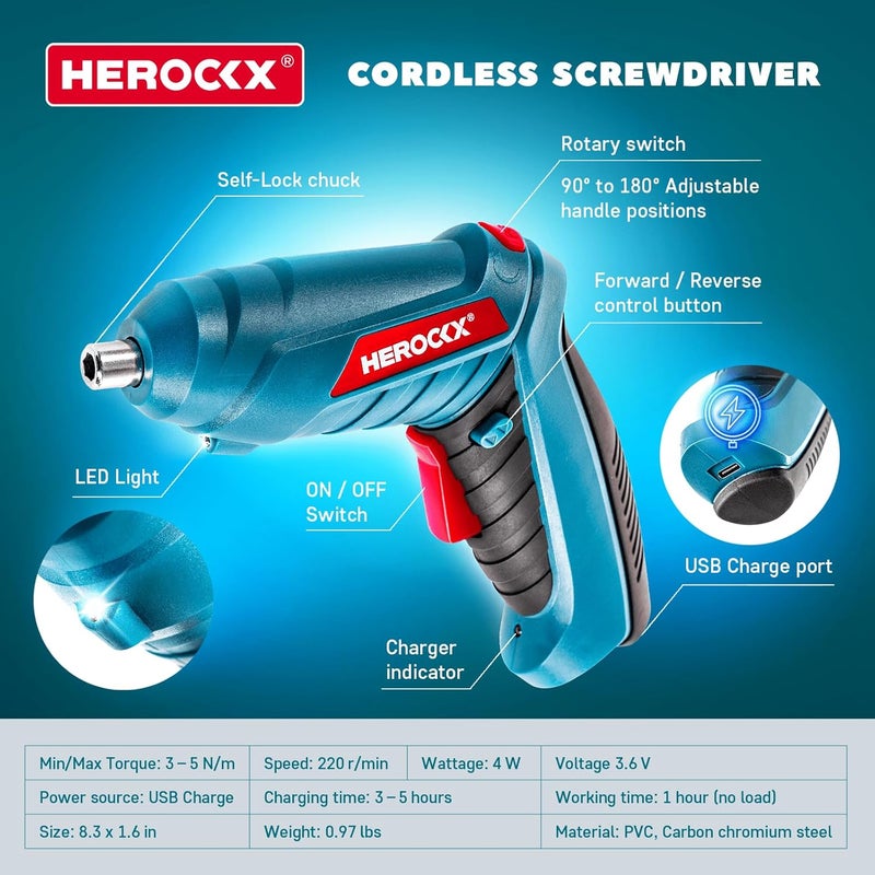 هيروكس مجموعة مفكات براغي كهربائية، 47 في 1 قابلة لإعادة الشحن عبر USB بقوة 1300 مللي أمبير في الساعة، مقبض قابل للدوران، مجموعة رؤوس مفكات براغي مثقاب 3.6 فولت مع مصباح ليد مدمج، أزرق - Image 2