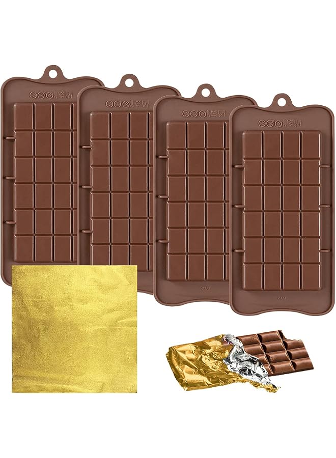 S-TOP 4 PCS Chocolate Moulds with 100 Gold Foil Wrappers, Non-stick Chocolate Bar Moulds Chocolate Bar Maker Break-Apart Silicone Chocolate Moulds - Image 1