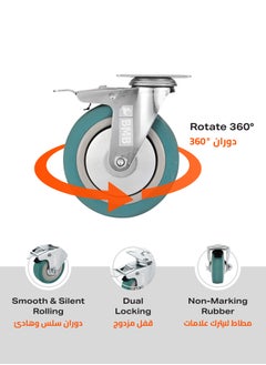 BMB tools 4-Piece Grey Rubber Caster - Plate - Swivel with Brake / 125mm  - Image 4