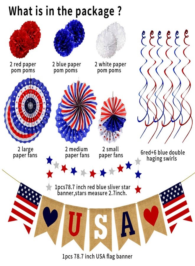 Labrostar 26Pcs Patriotic Decorations 4th of July Decorations LOVE USA Banner Red White Blue Paper Fans Star Streamer Pom Poms Hanging Swirls for Veterans Labor Presidents Flag Memorial Day - Image 3