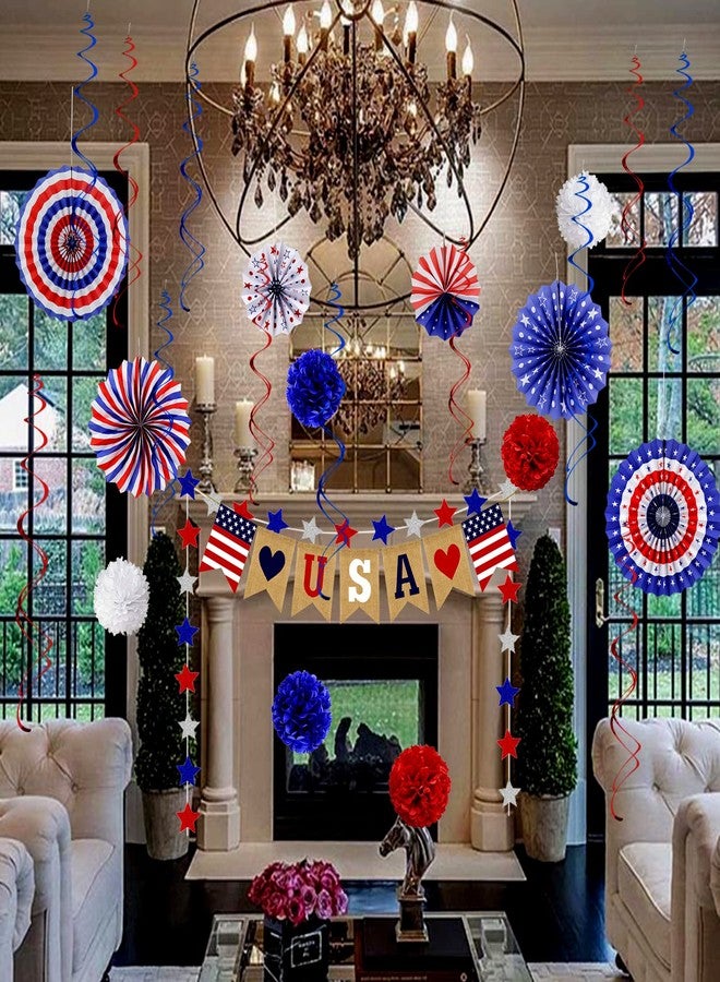 Labrostar 26Pcs Patriotic Decorations 4th of July Decorations LOVE USA Banner Red White Blue Paper Fans Star Streamer Pom Poms Hanging Swirls for Veterans Labor Presidents Flag Memorial Day - Image 4